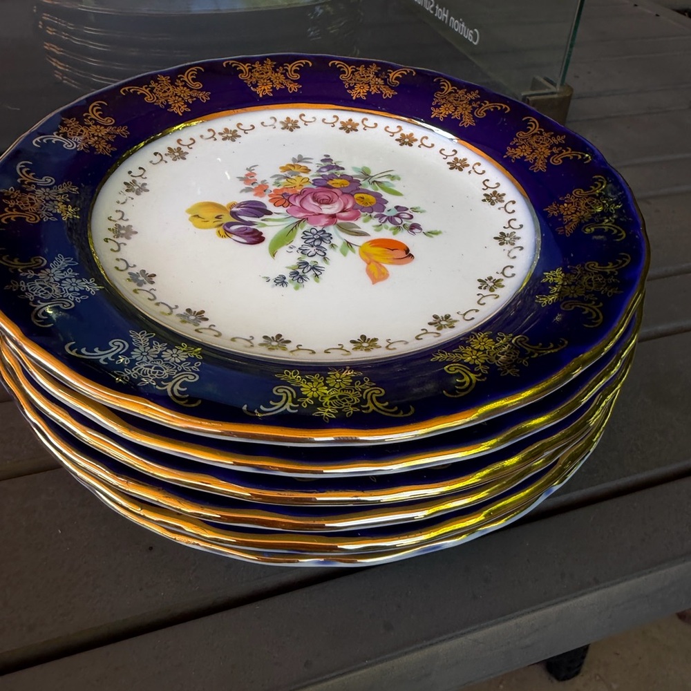 Elegant Floral Blue and Gold Dinner Plates, vintage  germany  cobalt plates